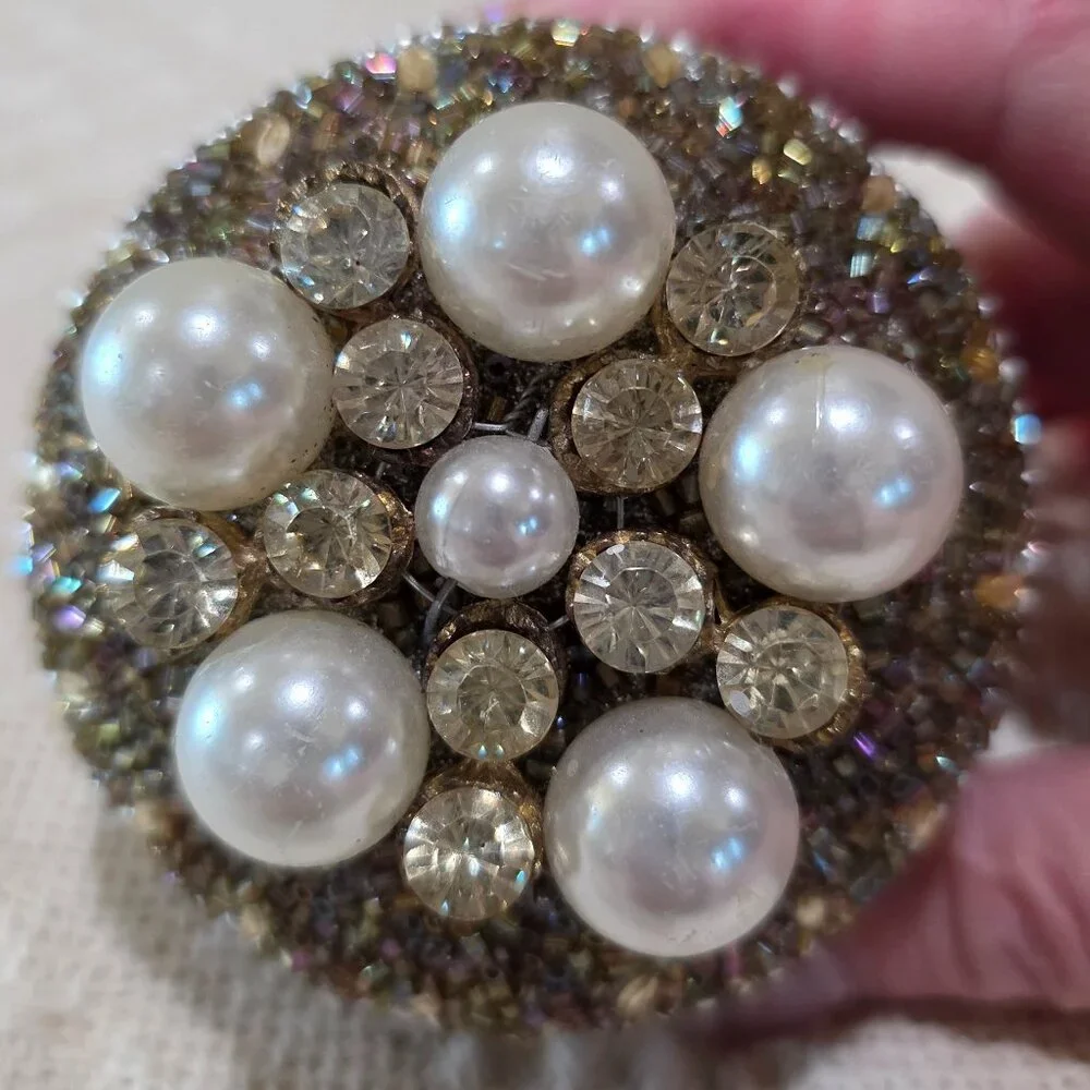 Vintage Silver Bead Pearl & Rhinestone Encrusted Metal Trinket Gift Vanity Box